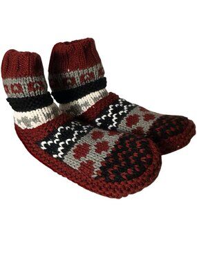 Cozy Nordic Knit Slipper Socks Booties Burgundy Red Sherpa Lined